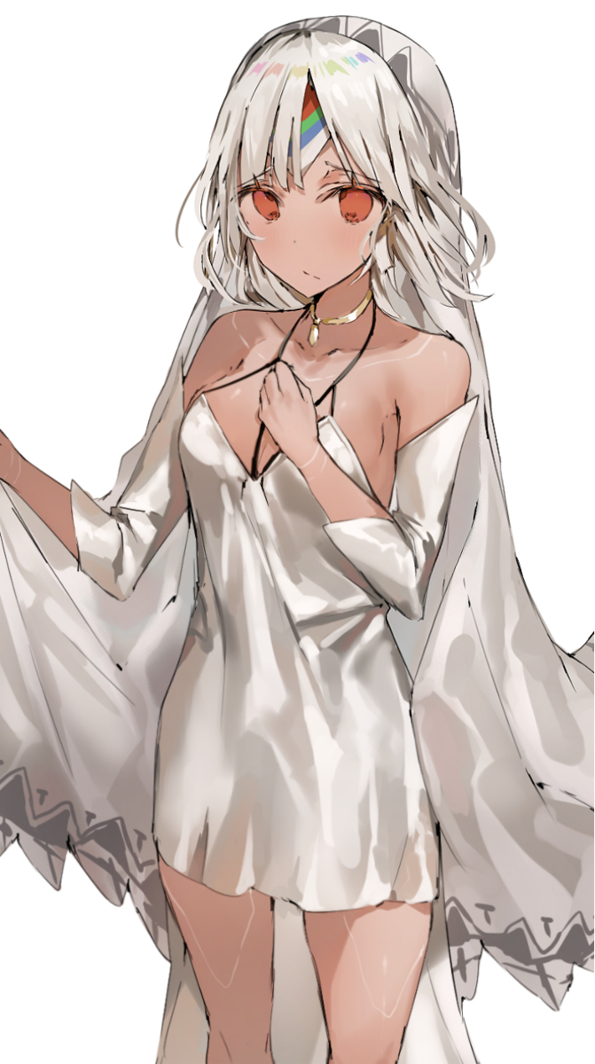 1girl altera_(fate) alternate_costume bare_shoulders blush breasts cleavage closed_mouth collarbone detached_sleeves dress eyebrows_visible_through_hair fate/extella fate/extra fate/grand_order fate_(series) feet_out_of_frame full_body_tattoo hand_on_own_chest headdress highres jewelry legs looking_at_viewer necklace red_eyes short_hair silver_dress simple_background solo standing tagme tan tattoo thighs veil white_background white_hair yuuko_(030_yuko)