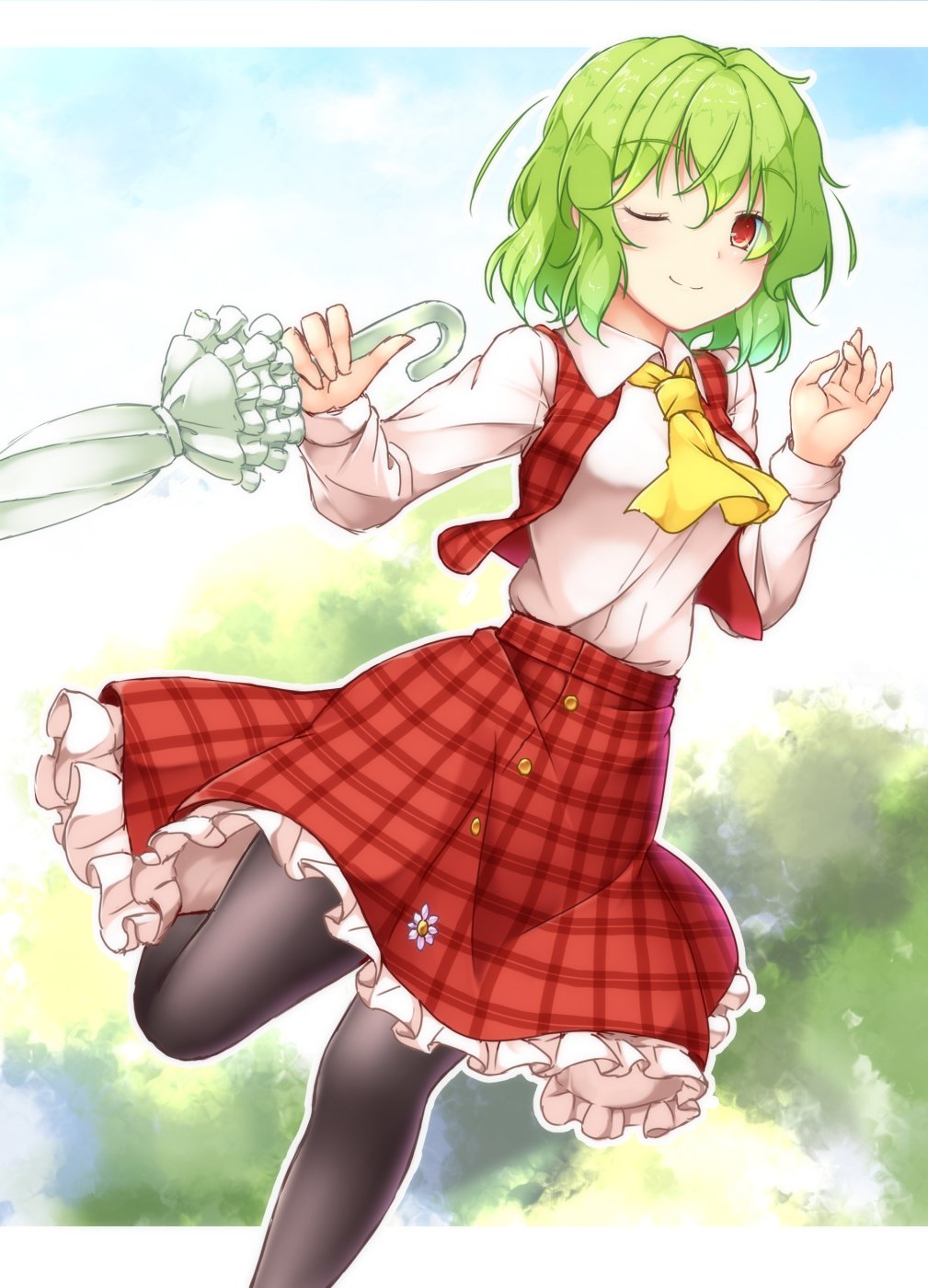 1girl ;) aka_tawashi ascot bangs black_legwear blue_sky blush breasts bush closed_umbrella commentary_request day eyebrows_visible_through_hair feet_out_of_frame green_hair hair_between_eyes hands_up highres holding holding_umbrella kazami_yuuka leg_up letterboxed long_sleeves looking_at_viewer medium_breasts one_eye_closed outdoors outside_border pantyhose petticoat plaid plaid_skirt plaid_vest red_eyes red_skirt red_vest shirt short_hair skirt sky smile solo standing standing_on_one_leg touhou umbrella vest white_shirt wing_collar yellow_neckwear