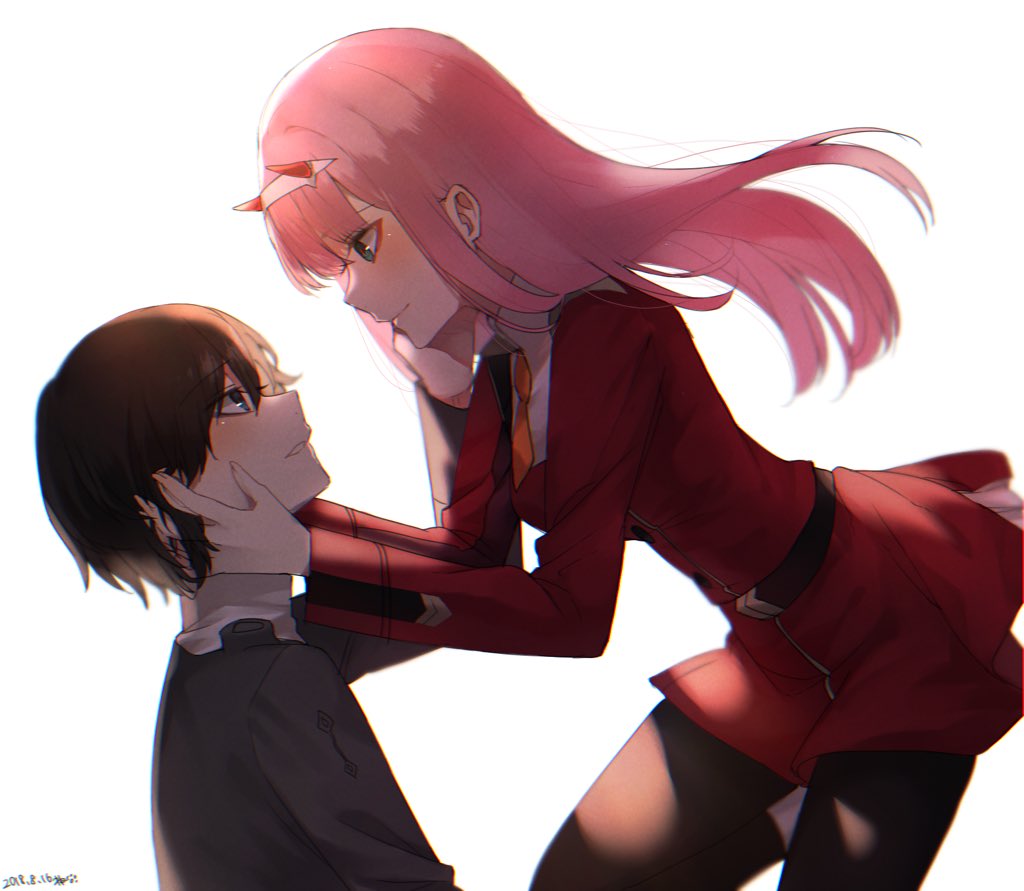 1boy 1girl bangs black_hair black_legwear blue_eyes blush commentary_request couple darling_in_the_franxx dress face-to-face facing_another floating floating_hair green_eyes grey_shirt hair_ornament hairband hand_on_another's_face hands_on_another's_face hetero hiro_(darling_in_the_franxx) horns kiri_ph long_hair long_sleeves looking_at_another military military_uniform necktie oni_horns orange_neckwear pantyhose pink_hair red_dress red_horns shirt short_hair uniform white_hairband zero_two_(darling_in_the_franxx)