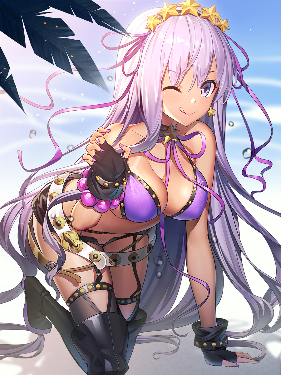 1girl ;d arm_support bangs bare_shoulders bb_(fate/extra_ccc) bb_(swimsuit_mooncancer)_(fate) beach bikini black_footwear black_gloves black_legwear black_skirt blush boots breasts cleavage closed_mouth collarbone commentary_request day earrings eyebrows_visible_through_hair fate/grand_order fate_(series) fingerless_gloves fingernails gloves hair_between_eyes hair_ornament hair_ribbon hand_up highres jewelry large_breasts long_hair looking_at_viewer mole nail_polish one_eye_closed open_mouth outdoors purple_bikini purple_hair purple_nails purple_ribbon ribbon ririko_(zhuoyandesailaer) sand skirt smile solo star star_hair_ornament swimsuit tan tanline thigh-highs thigh_boots very_long_hair violet_eyes water white_belt