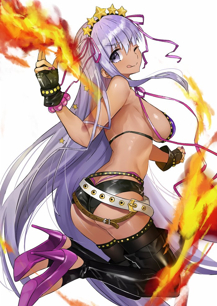 1girl :p ashiwara_yuu ass bangs bare_shoulders bb_(swimsuit_mooncancer)_(fate) belt bikini breasts fate/grand_order fate_(series) fingerless_gloves gloves large_breasts long_hair looking_at_viewer nail_polish one_eye_closed purple_hair swimsuit thigh-highs tongue tongue_out very_long_hair violet_eyes