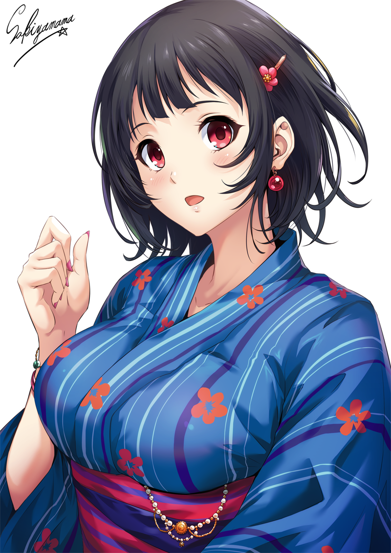 1girl alternate_costume arm_up artist_name bangs black_hair blue_kimono blush bracelet breasts earrings floral_print hair_ornament hairclip hand_up japanese_clothes jewelry kantai_collection kimono large_breasts lips looking_at_viewer nail_polish obi open_mouth purple_nails red_eyes sakiyamama sash short_hair sidelcoks signature simple_background solo takao_(kantai_collection) upper_body white_background wide_sleeves wristband yukata