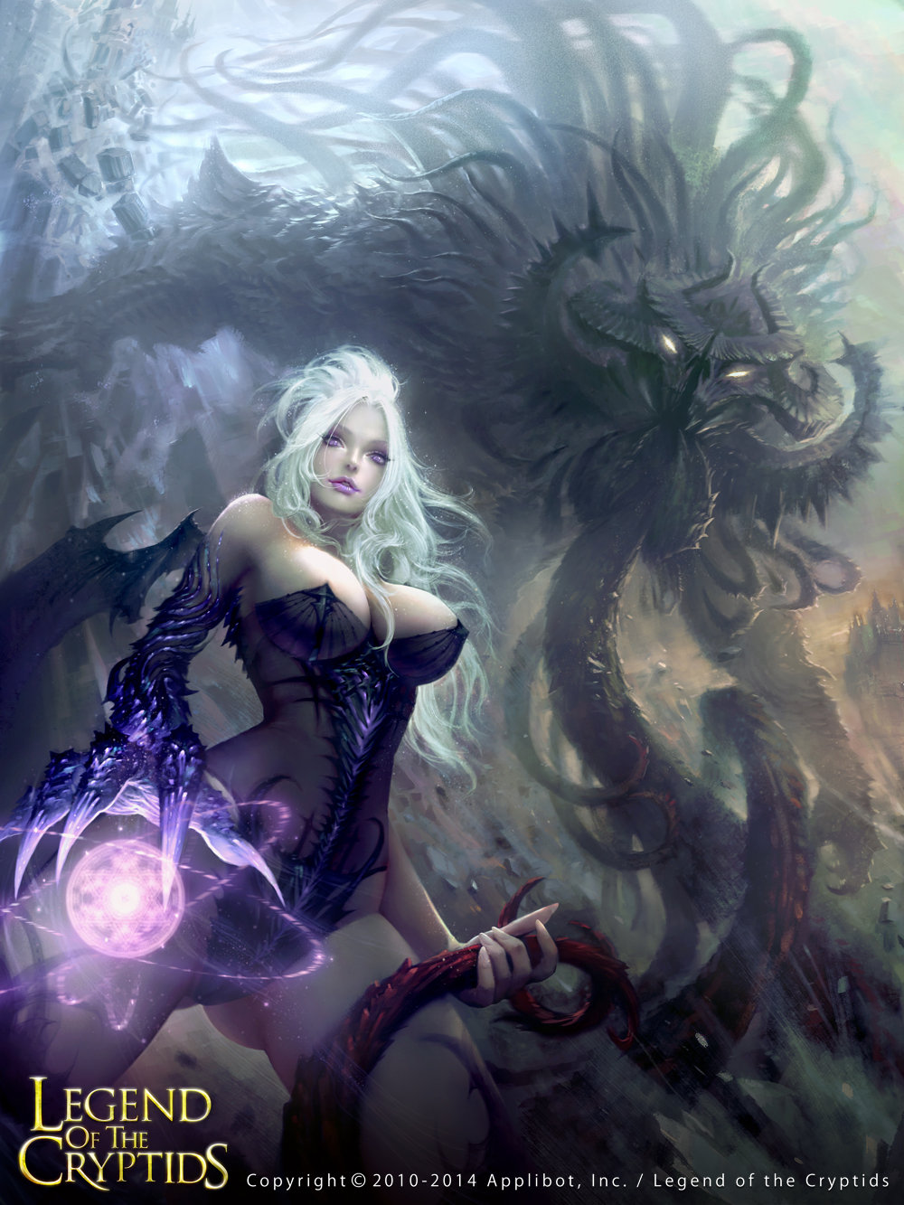 1girl bat_wings bodysuit breasts cleavage copyright_name gloves highres horns legend_of_the_cryptids lipstick long_hair magic_circle makeup monster official_art rock single_glove solo tentacle violet_eyes white_hair wings