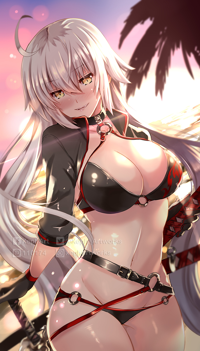 1girl ahoge bangs bikini black_bikini black_gloves black_jacket blush breasts brown_eyes cleavage commentary_request dutch_angle eyebrows_visible_through_hair fate/grand_order fate_(series) gloves hair_between_eyes head_tilt highres horizon jacket jeanne_d'arc_(alter_swimsuit_berserker) jeanne_d'arc_(fate)_(all) katana large_breasts long_hair long_sleeves looking_at_viewer navel o-ring o-ring_bikini o-ring_bottom o-ring_top ocean outdoors palm_tree parted_lips silver_hair sky smile solo sun sunset swimsuit sword tree very_long_hair water weapon xephonia