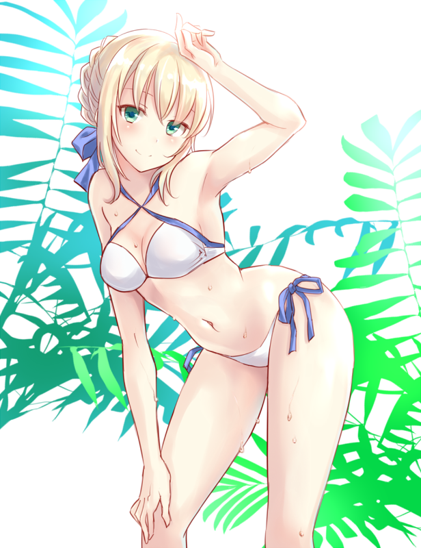 1girl ahoge artoria_pendragon_(all) artoria_pendragon_(swimsuit_archer) bare_arms bare_shoulders bikini blonde_hair braid breasts collarbone commentary_request cowboy_shot criss-cross_halter fate/grand_order fate_(series) green_eyes halterneck leaning_forward looking_at_viewer medium_breasts midriff ribbon sidelocks smile solo swimsuit thighs u0709 white_bikini