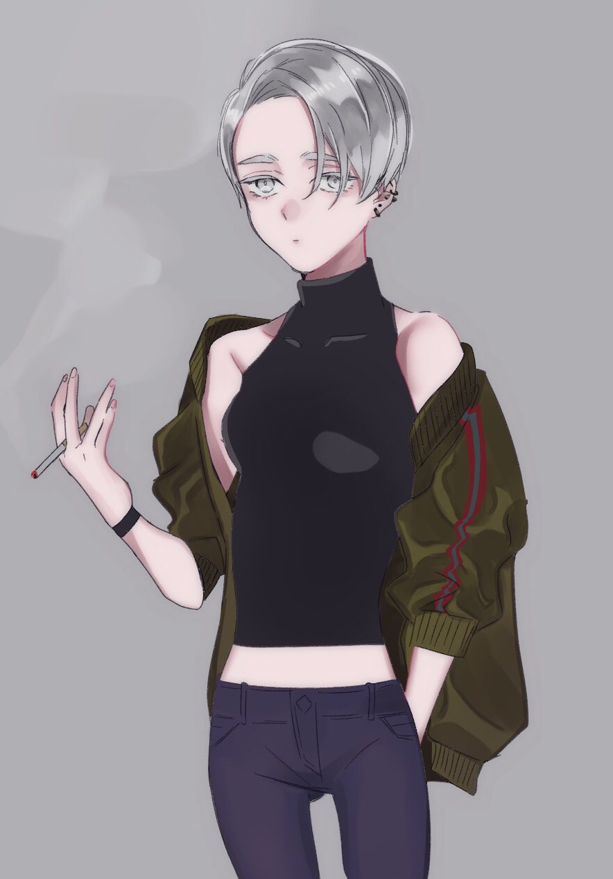 1girl alternate_costume bomber_jacket cairngorm_(houseki_no_kuni) cigarette colored_eyelashes contemporary denim ear_piercing grey_background grey_eyes grey_eyes grey_hair highres houseki_no_kuni humanization jacket jeans pants piercing short_hair silver_hair sleeveless smoke solo thick_eyebrows turtleneck