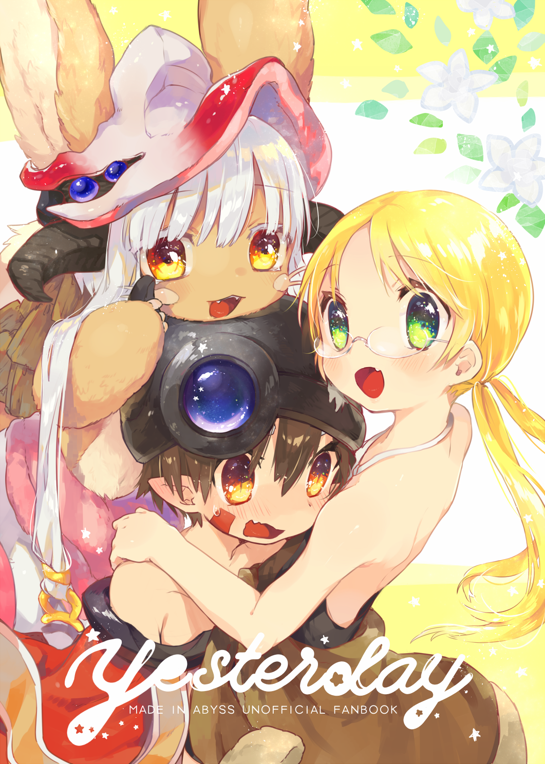 1boy 1girl 1other :3 :d bare_arms bare_shoulders blonde_hair blush brown_eyes brown_hair cover cover_page doujin_cover doujinshi ears_through_headwear embarrassed eyebrows_visible_through_hair facial_mark fang furry green_eyes hair_between_eyes hat helmet hideko_(l33l3b) highres horns long_hair looking_at_viewer low_twintails made_in_abyss nanachi_(made_in_abyss) off_shoulder open_mouth orange_eyes paws pointy_ears puffy_pants regu_(made_in_abyss) riko_(made_in_abyss) smile sweatdrop topless twintails whiskers white_hair