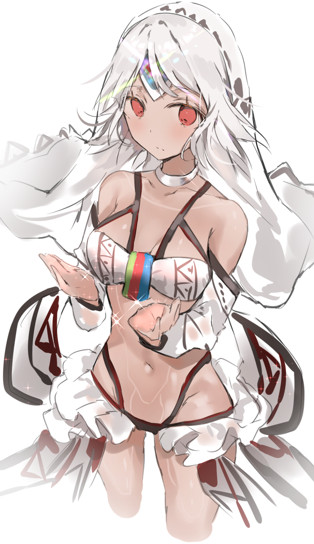 1girl altera_(fate) bangs bare_shoulders breasts closed_mouth collarbone dark_skin detached_sleeves eyebrows_visible_through_hair fate/extella fate/extra fate/grand_order fate_(series) feet_out_of_frame full_body_tattoo hands headdress highres hips jewelry midriff navel red_eyes short_hair simple_background small_breasts solo tagme tan tattoo thighs white_hair wide_hips yuuko_(030_yuko)