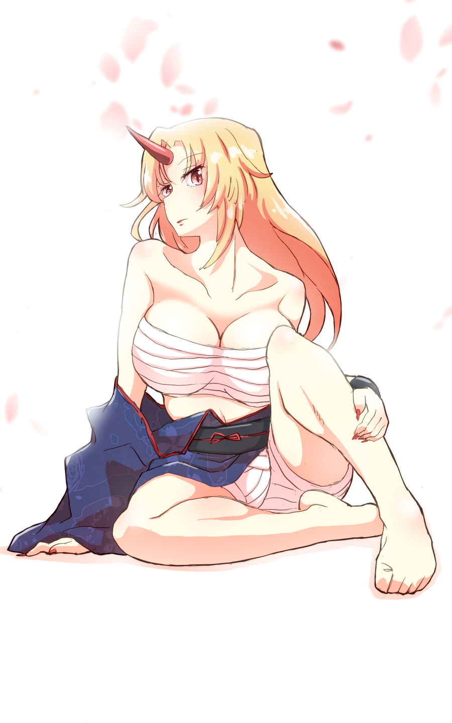 1girl bare_shoulders barefoot blonde_hair breasts cleavage collarbone cuffs fingernails full_body handcuffs highres horn hoshiguma_yuugi japanese_clothes kimono knee_up large_breasts long_hair looking_at_viewer midriff nail_polish navel non_(z-art) obi off_shoulder petals red_eyes red_nails sarashi sash sharp_fingernails simple_background sitting slit_pupils solo touhou white_background