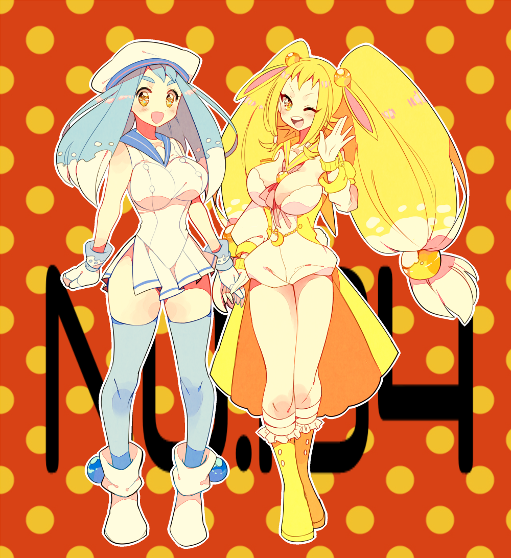 :d ;d arms_at_sides azumarill blonde_hair blue_legwear blush boots breasts cleavage clenched_hand creatures_(company) dress game_freak gen_2_pokemon gloves hand_holding hand_up hat long_hair low-tied_long_hair nintendo one_eye_closed open_mouth pokemon polka_dot polka_dot_background red_background red_neckwear sailor_dress sailor_hat smile thigh-highs twintails white_footwear white_gloves white_hat yellow_eyes yellow_footwear