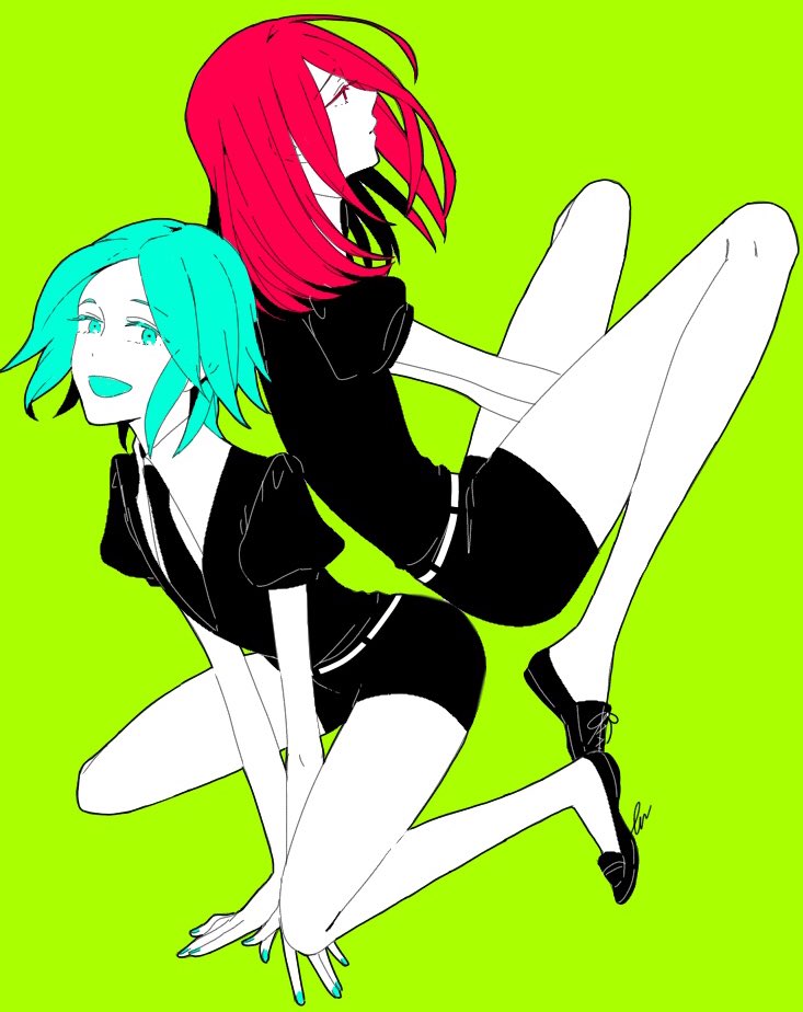 2others ahoge androgynous aqua_eyes aqua_hair back-to-back colored_eyelashes eeennnka gem_uniform_(houseki_no_kuni) green_background green_eyes green_hair houseki_no_kuni lime_background looking_at_viewer multiple_others necktie open_mouth phosphophyllite red_eyes redhead shinsha_(houseki_no_kuni) short_hair smile