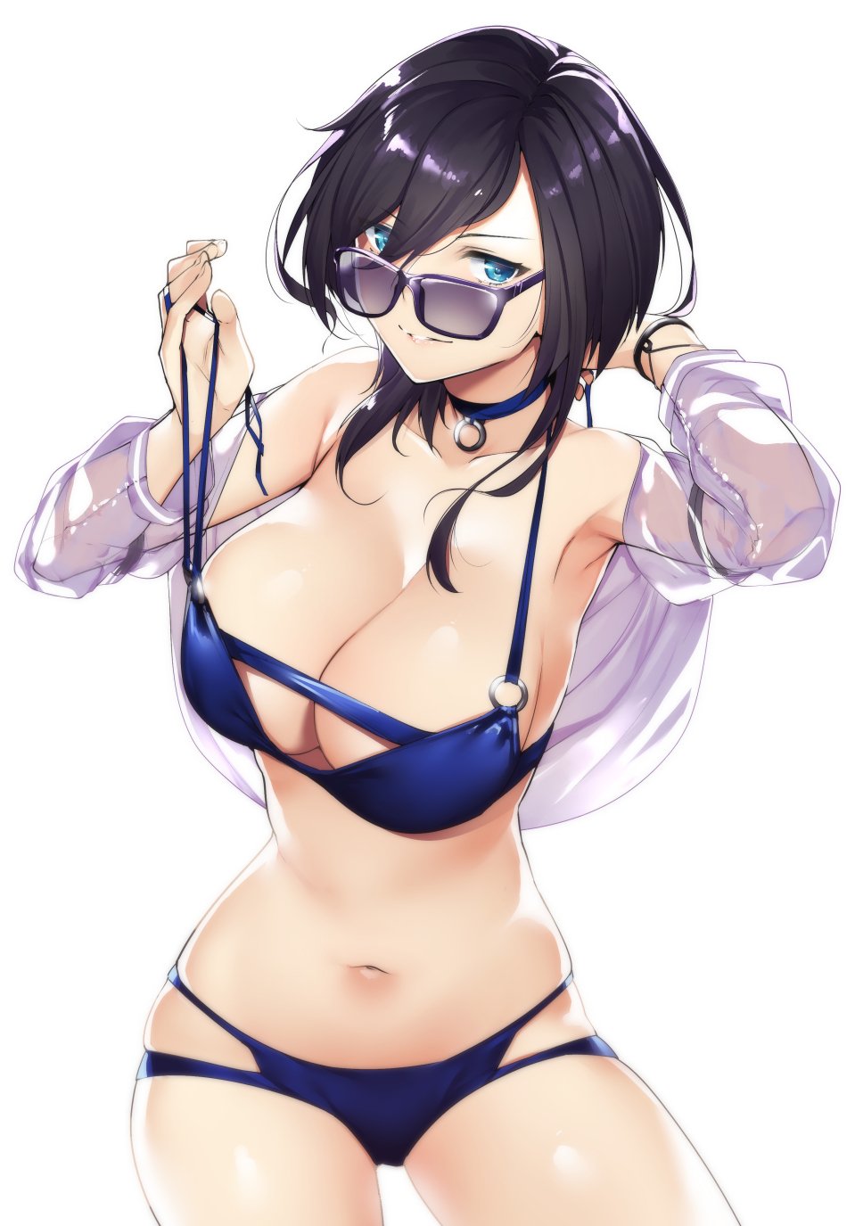 1girl ark_royal_(azur_lane) azur_lane bikini black_hair blue_bikini blue_eyes breasts choker highres large_breasts long_hair looking_at_viewer navel see-through sunglasses swimsuit tomohiro_kai