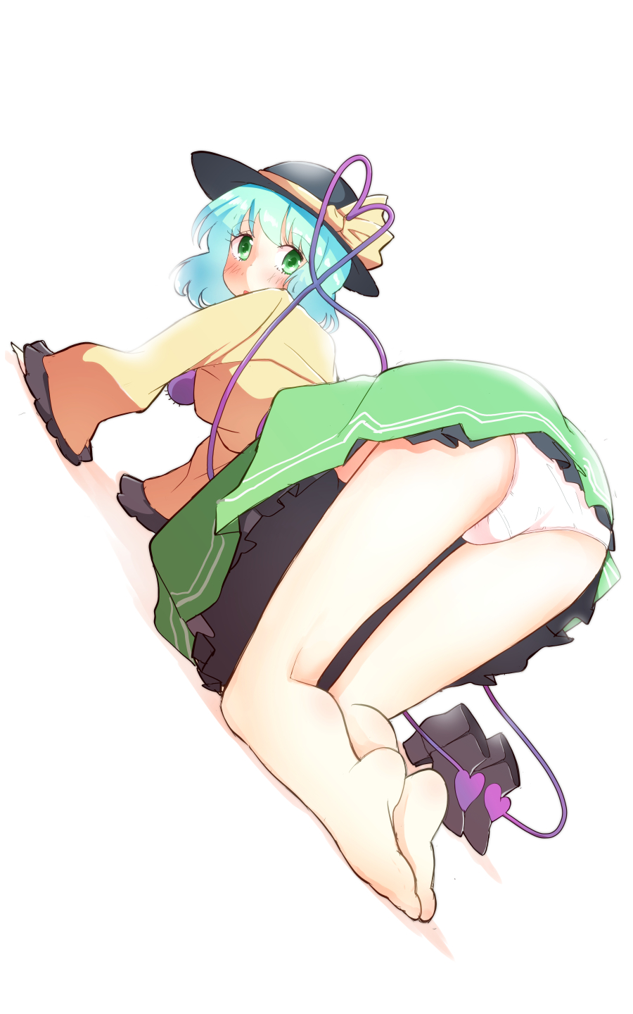 1girl all_fours aqua_hair ass bare_legs barefoot blush from_behind full_body green_eyes hat hat_ribbon heart heart_of_string highres komeiji_koishi legs_together looking_at_viewer looking_back non_(z-art) open_mouth panties ribbon shirt shoes_removed short_hair simple_background skirt solo third_eye touhou underwear white_background white_panties wide_sleeves