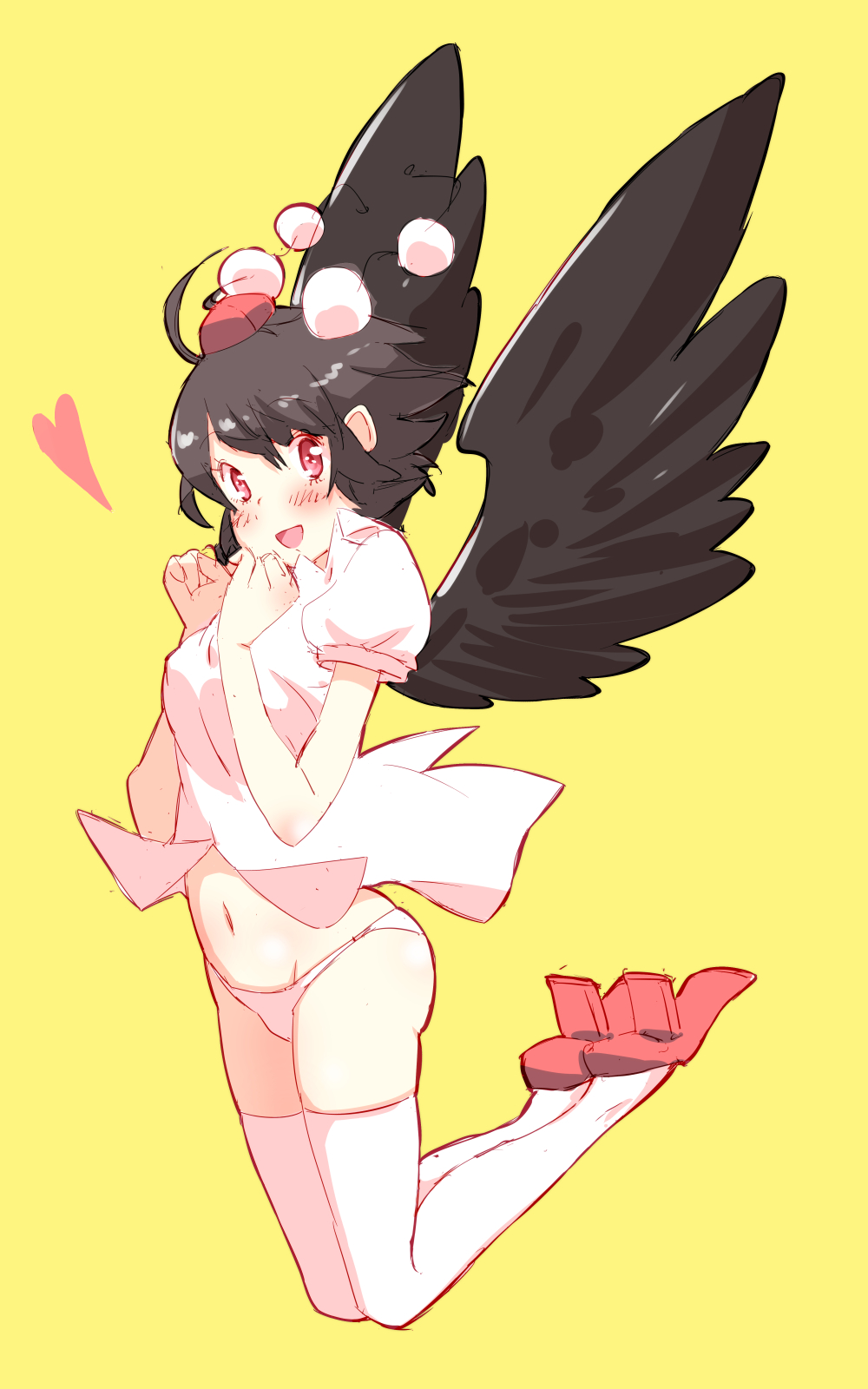 1girl ahoge bird_wings black_hair blush breasts collared_shirt full_body geta hat heart highres looking_at_viewer medium_breasts midriff navel no_pants non_(z-art) open_mouth panties pom_pom_(clothes) red_eyes shameimaru_aya shirt short_hair simple_background smile solo tengu-geta thigh-highs tokin_hat touhou underwear white_legwear white_panties wings yellow_background