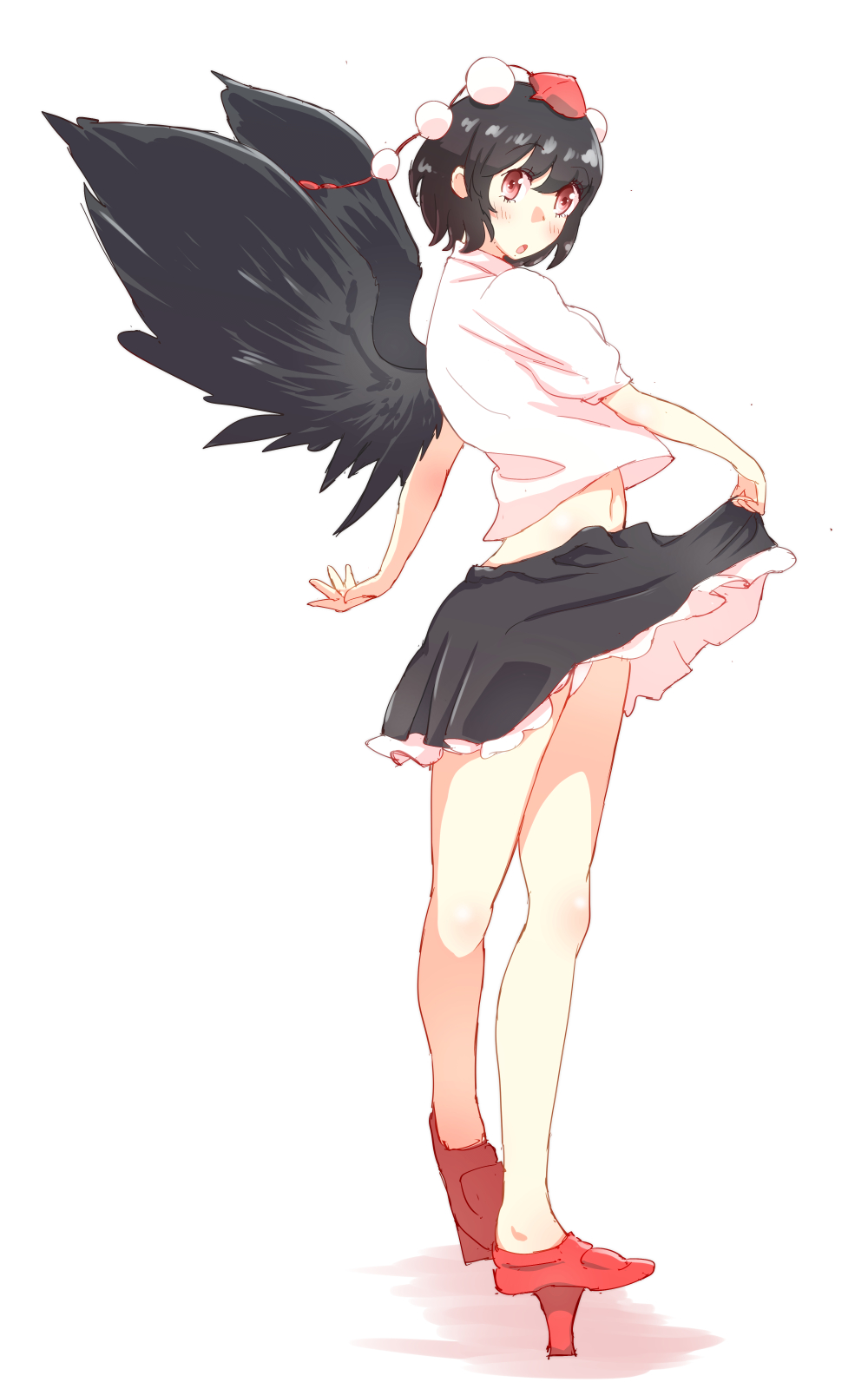 1girl bird_wings black_hair blush collared_shirt full_body geta hat highres looking_at_viewer midriff miniskirt navel non_(z-art) open_mouth panties pantyshot pantyshot_(standing) pom_pom_(clothes) red_eyes shameimaru_aya shirt short_hair simple_background skirt skirt_hold solo standing tengu-geta tokin_hat touhou underwear white_background white_panties wings