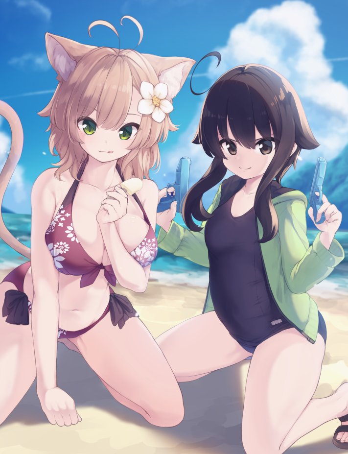 2girls ahoge animal_ears antenna_hair bangs beach bikini black_sweater blue_sky blurry blurry_background breasts brown_eyes brown_hair cat_ears cat_girl cat_tail cleavage closed_mouth clouds commentary_request day depth_of_field dual_wielding eyebrows_visible_through_hair finger_on_trigger floral_print flower food green_jacket hair_between_eyes hair_flaps hair_flower hair_ornament holding holding_food hood hood_down hooded_jacket horizon ice_cream jacket kneeling large_breasts light_brown_hair long_hair long_sleeves looking_at_viewer multiple_girls natsuki_teru navel nekomiya_ryuu ocean old_school_swimsuit one-piece_swimsuit open_clothes open_jacket original outdoors print_bikini red_bikini sand school_swimsuit shikibe_ayaka side-tie_bikini sidelocks sky smile sweater swimsuit tail tail_raised water water_gun white_flower