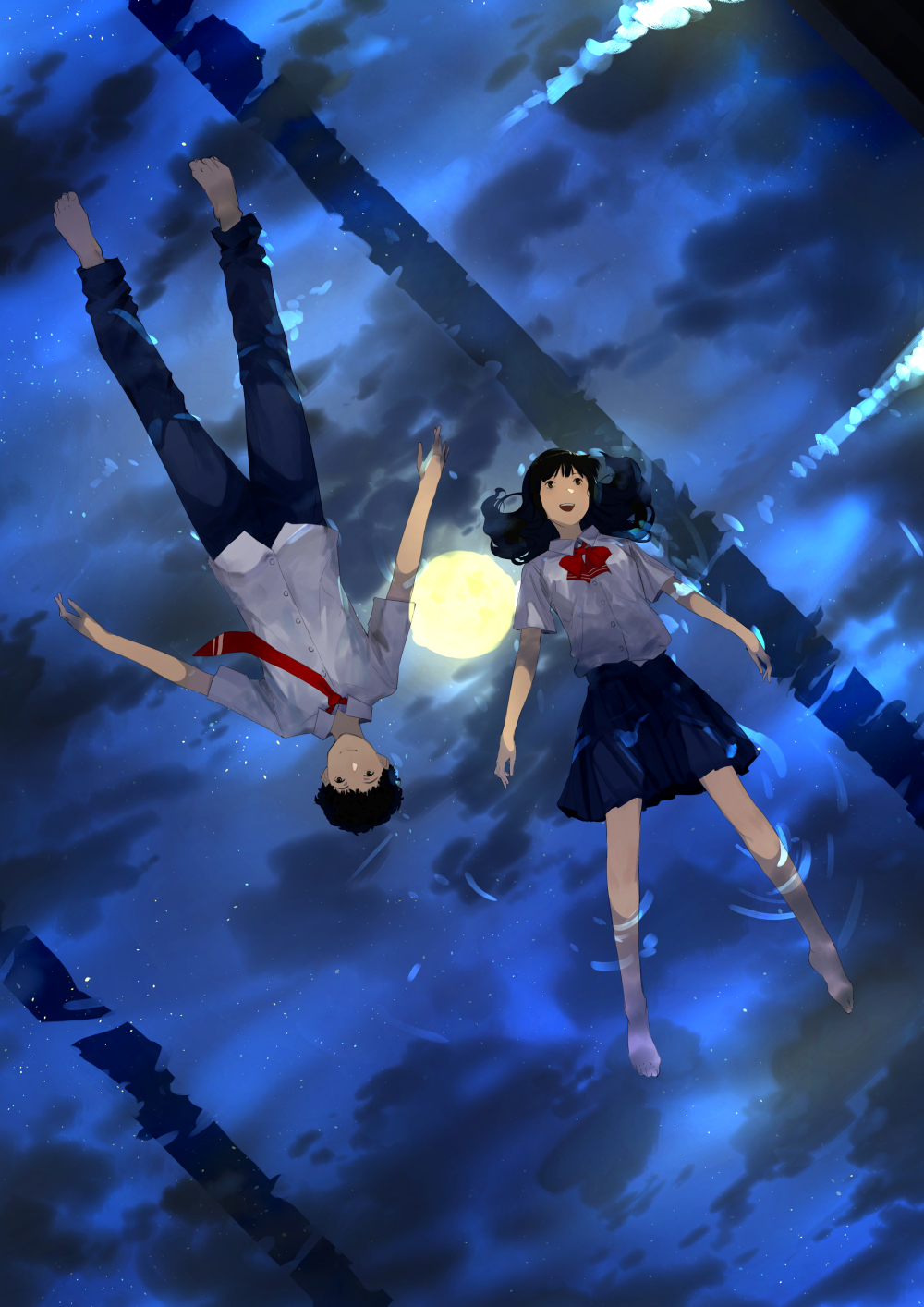 1boy 1girl :d afloat barefoot black_eyes black_hair blue_pants bow bowtie collared_shirt commentary_request floating_hair highres long_hair lying moon necktie on_back open_mouth original pants pool red_neckwear reflection school_uniform shirt short_sleeves smile somehira_katsu wet wet_clothes white_shirt wing_collar