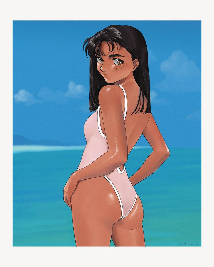 1990s_(style) 1girl ass backless_swimsuit bangs black_hair border brown_eyes dark-skinned_female dark_skin english_commentary from_behind grey_border hair_behind_ear hands_on_hips looking_at_viewer looking_back one-piece_swimsuit original pink_swimsuit retro_artstyle sky smile solo swimsuit yue_(yung_n_dum_)