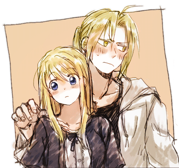 1boy 1girl antenna_hair black_shirt blonde_hair blue_eyes blush blush_stickers couple edward_elric expressionless eyebrows_visible_through_hair fingernails frown fullmetal_alchemist hands height_difference hetero jacket looking_away nervous pink_background ribbon shirt simple_background sweatdrop tsukuda0310 two-tone_background upper_body white_background white_jacket winry_rockbell yellow_eyes