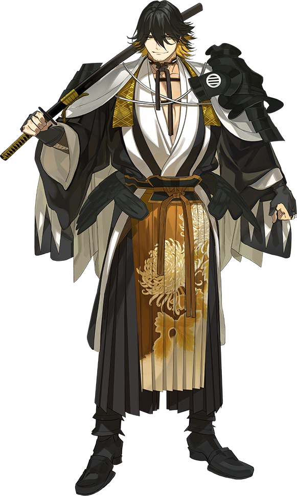 1boy arai_teruko armor black_hair blonde_hair facial_hair full_body hakama japanese_armor japanese_clothes katana kiwame_(touken_ranbu) male_focus multicolored_hair nagasone_kotetsu official_art sheath sheathed shoulder_armor smile sode stubble sword touken_ranbu transparent_background two-tone_hair weapon yellow_eyes