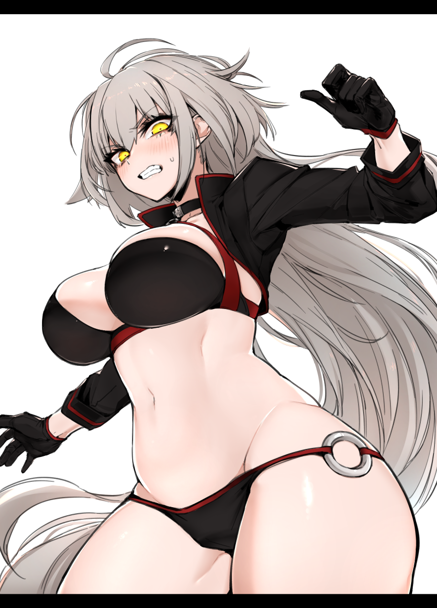1girl ahoge bikini black_bikini black_jacket blush breasts choker cleavage clenched_teeth collarbone commentary_request cowboy_shot cropped_jacket eyebrows_visible_through_hair eyelashes fate/grand_order fate_(series) from_below hair_between_eyes highres j.k. jacket jeanne_d'arc_(alter_swimsuit_berserker) jeanne_d'arc_(fate)_(all) large_breasts letterboxed long_hair looking_at_viewer o-ring simple_background skindentation solo swimsuit teeth thighs white_background yellow_eyes