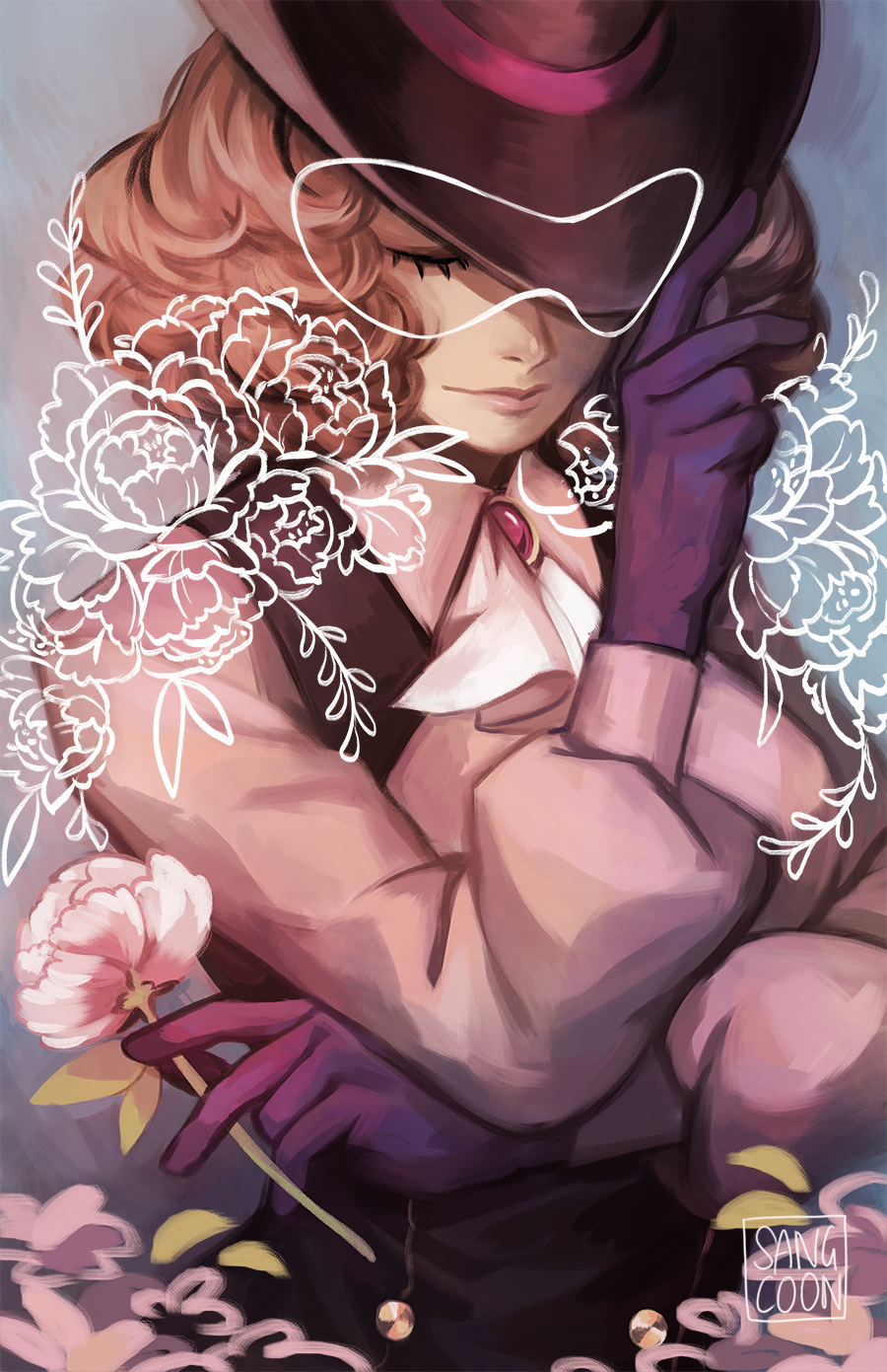 1girl artist_name brown_hair closed_eyes curly_hair flower gloves hat head_down highres leaf okumura_haru persona persona_5 puffy_sleeves purple_gloves rose sangcoon signature smile solo upper_body vest white_flower white_rose