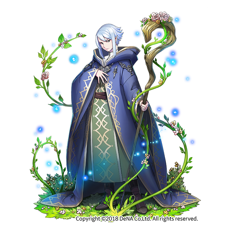 androgynous blue_cloak brown_footwear cloak flower grass hand_up holding holding_staff light_blue_hair looking_at_viewer mochaabx official_art othellonia plant pointy_ears robe sidelocks staff standing vines watermark white_background wide_sleeves