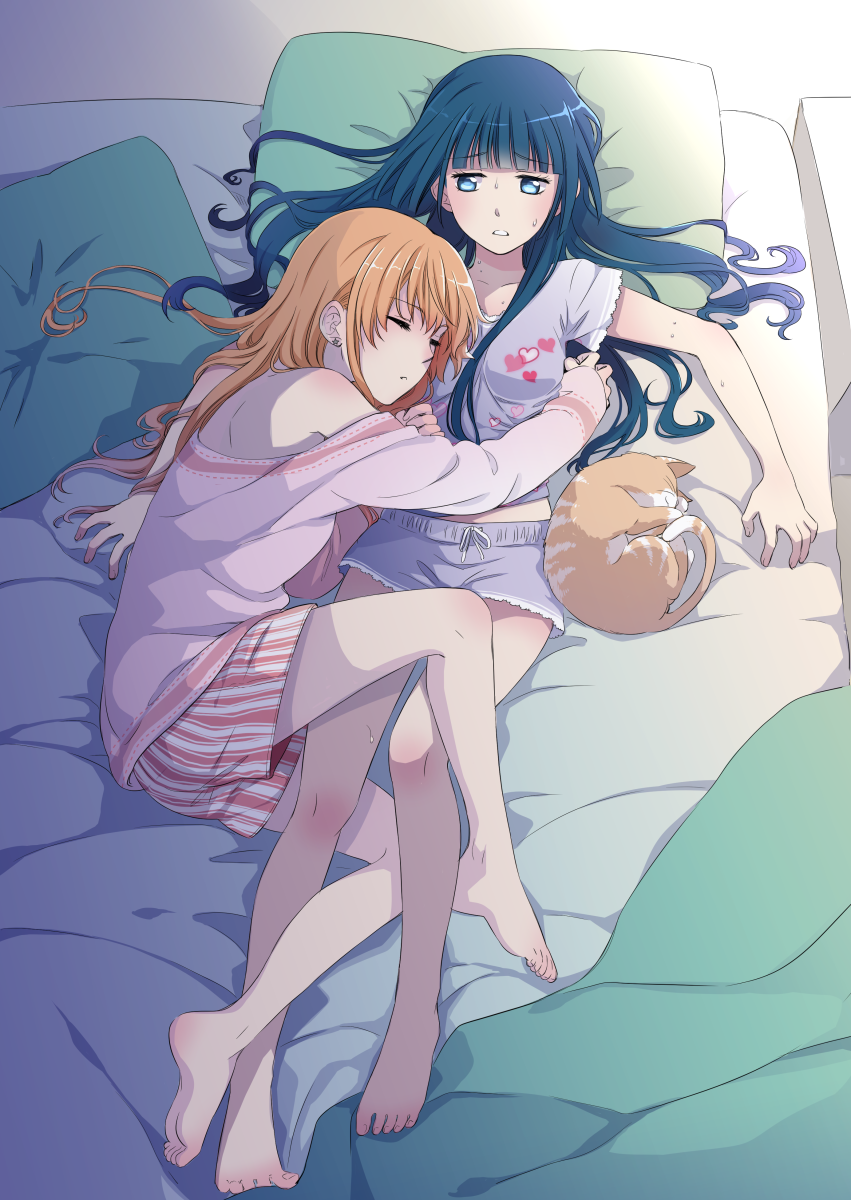 2girls anakris bangs bare_shoulders barefoot bed blue_eyes blue_hair blunt_bangs cat closed_eyes earrings eyebrows_visible_through_hair full_body highres hug jewelry long_hair long_sleeves looking_at_another lying multiple_girls on_back on_bed orange_hair original pajamas parted_lips pillow short_sleeves shorts sleeping striped striped_shorts sweat vertical-striped_shorts vertical_stripes yuri