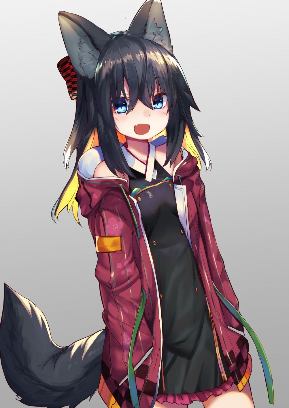 1girl :d animal_ears bare_shoulders black_hair blonde_hair blue_eyes commentary_request fang frills gradient gradient_background grey_background haik hands_in_pockets highres hood hood_down hoodie multicolored_hair open_clothes open_hoodie open_mouth original smile tail white_hair wolf_ears wolf_tail