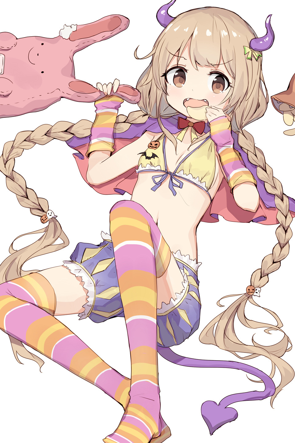 1girl braid breasts brown_eyes capelet chips demon_tail eyebrows_visible_through_hair fangs food futaba_anzu halloween highres horns idolmaster idolmaster_cinderella_girls light_brown_hair long_hair looking_at_viewer open_mouth potato_chips puffy_shorts shone shorts simple_background small_breasts solo stomach striped striped_legwear stuffed_animal stuffed_bunny stuffed_toy tail thigh-highs twin_braids very_long_hair white_background