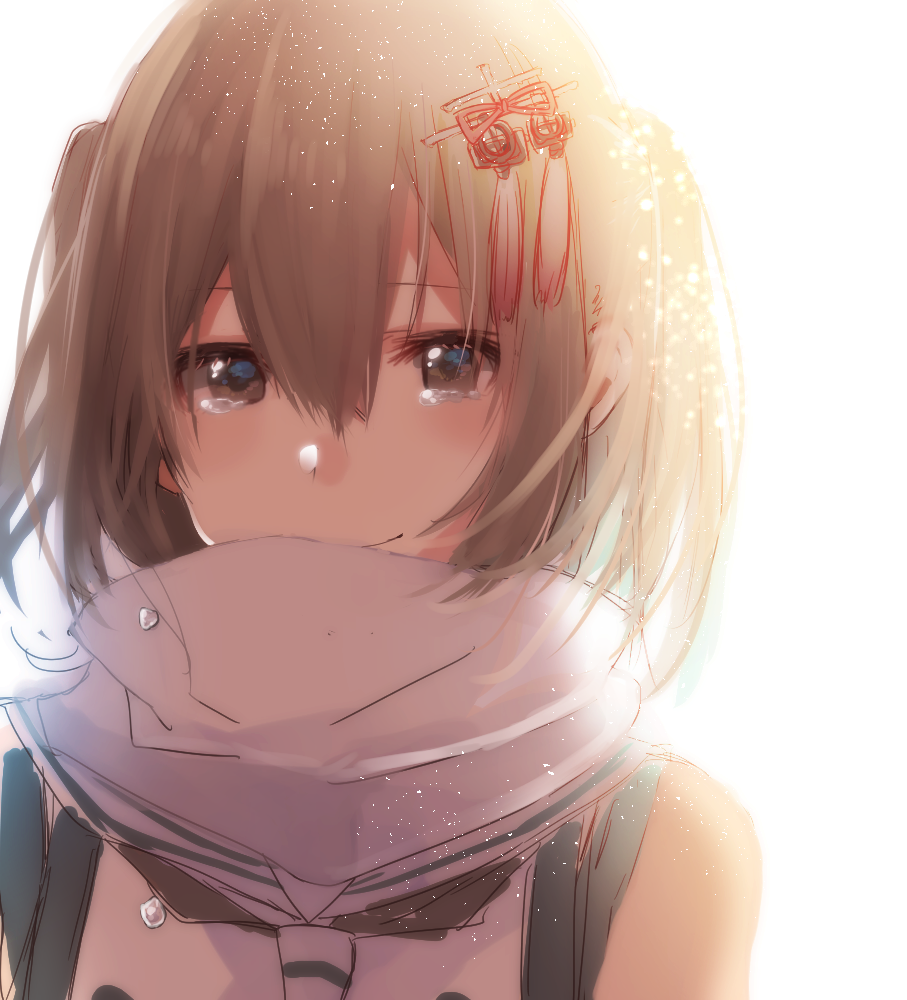 1girl bare_shoulders blush brown_eyes brown_hair closed_mouth hair_ornament kantai_collection looking_at_viewer rinto_(rint_rnt) scarf sendai_(kantai_collection) simple_background smile solo tassel tears two_side_up upper_body white_background white_scarf