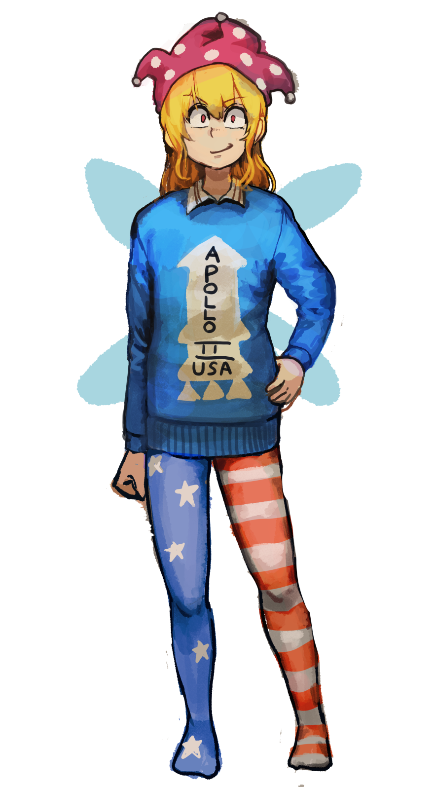 1girl american_flag_legwear blonde_hair blue_sweater chanta_(ayatakaoisii) closed_mouth clownpiece contrapposto fairy_wings full_body hand_on_hip highres long_hair long_sleeves looking_at_viewer no_shoes pantyhose red_eyes sanpaku simple_background smile solo sweater the_shining touhou white_background wings