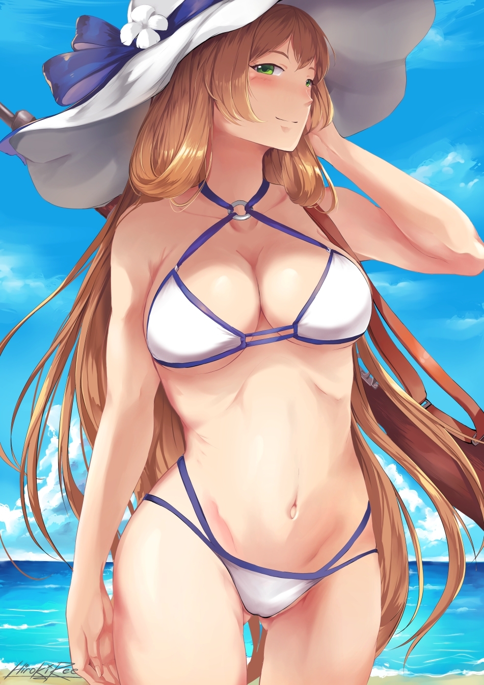 1girl adjusting_hair alternate_costume artist_name bangs beach bikini blue_sky blush bolt_action breasts brown_hair cleavage clouds collarbone cowboy_shot dya eyebrows_visible_through_hair girls_frontline gluteal_fold green_eyes groin gun hair_between_eyes hair_rings hat highres hiroki_ree large_breasts long_hair looking_at_viewer m1903_springfield m1903_springfield_(girls_frontline) navel o-ring o-ring_top ocean outdoors rifle sand sidelocks signature sky smile solo standing stomach summer sun_hat swimsuit thighs water weapon weapon_on_back