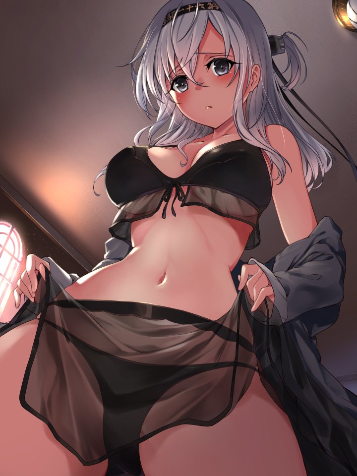 1girl alternate_costume bikini bikini_bottom bikini_top blush breasts ceiling ceiling_light cleavage hachimaki hair_ornament headband jacket kantai_collection long_hair looking_at_viewer looking_down medium_breasts navel panties see-through solo suzutsuki_(kantai_collection) swimsuit under_boob underwear window youmou_usagi