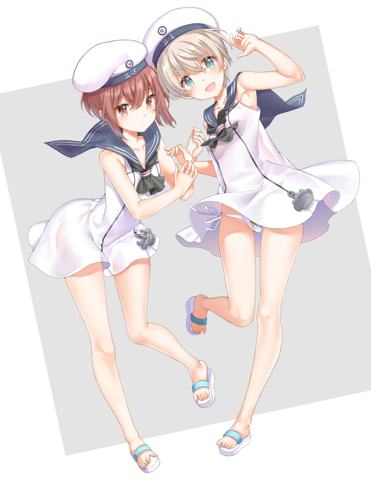 2girls anchor animal_print bangs bear_panties bear_print black_neckwear black_sailor_collar blue_eyes blush brown_eyes brown_hair closed_mouth clothes_writing collarbone commentary_request dress eyebrows_visible_through_hair full_body hair_between_eyes hat highres kantai_collection legs looking_at_viewer multiple_girls neckerchief open_mouth panties print_panties sailor_collar sailor_dress sailor_hat sandals shiosoda short_hair side-tie_panties silver_hair simple_background underwear white_background white_dress white_hat white_panties z1_leberecht_maass_(kantai_collection) z3_max_schultz_(kantai_collection)