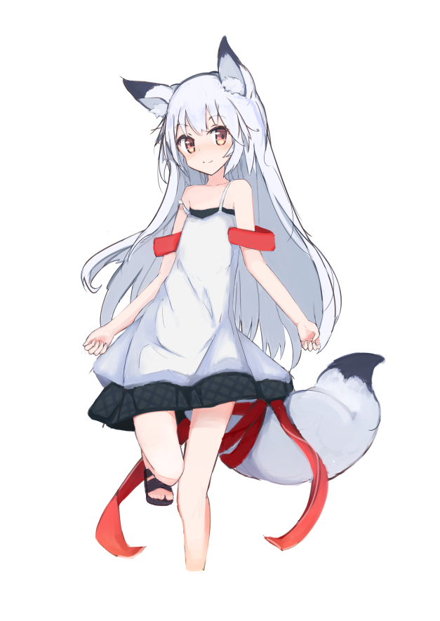 1girl animal_ear_fluff animal_ears brown_eyes dress fox_ears fox_girl fox_tail kan_yuuji long_hair looking_at_viewer original red_ribbon ribbon sandals silver_hair simple_background smile solo standing standing_on_one_leg strap_slip tail tail_ribbon white_background