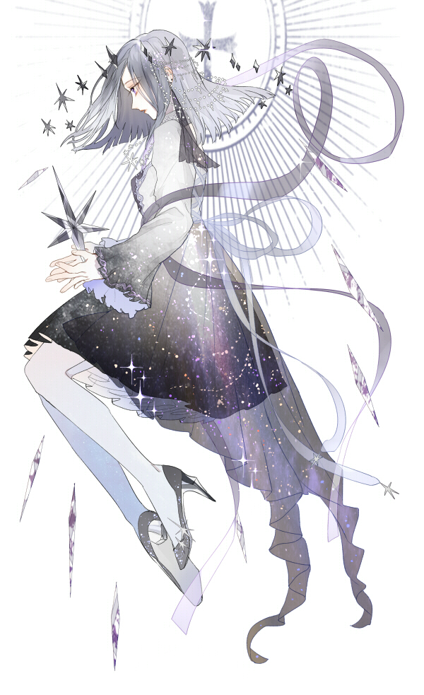 1girl beads fantasy full_body gradient_dress hair_beads hair_ornament high_heels long_hair long_sleeves looking_to_the_side original pantyhose profile silver_hair silver_ribbon silver_shoes solo star starry_sky_print vertigowitch white_legwear