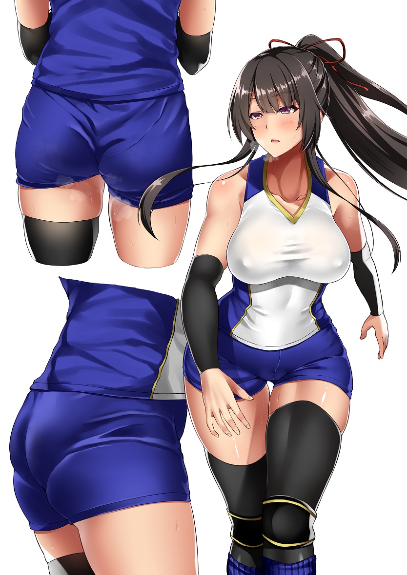 1girl arm_warmers asakura_kukuri ass ass_focus bare_shoulders black_hair black_legwear blush breasts brown_eyes collarbone from_behind gym_uniform large_breasts long_hair multiple_views open_mouth original ponytail sidelocks simple_background standing sweat thigh-highs thighs upper_body very_long_hair white_background