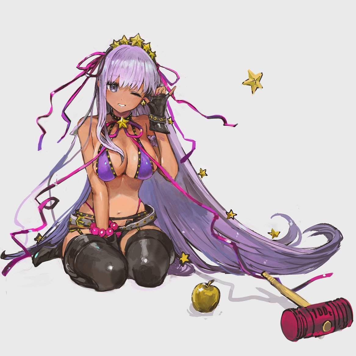 1girl bare_shoulders bb_(fate)_(all) bb_(swimsuit_mooncancer)_(fate) belt bikini_top black_legwear bracelet breasts cleavage fate/grand_order fate_(series) jewelry large_breasts long_hair looking_at_viewer nail_polish navel one_eye_closed purple_hair seiza sitting smile swimsuit tan thigh-highs tomatika violet_eyes