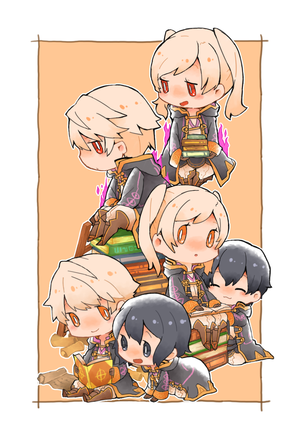 3boys 3girls all_fours black_eyes black_hair book boots chibi cloak closed_eyes dark_persona father_and_daughter female_my_unit_(fire_emblem:_kakusei) fire fire_emblem fire_emblem:_kakusei fire_emblem_heroes gimurei gloves highres leather leather_gloves mark_(female)_(fire_emblem) mark_(male)_(fire_emblem) mother_and_son multiple_boys multiple_girls multiple_persona my_unit_(fire_emblem:_kakusei) open_mouth orange_background orange_eyes pants purple_fire red_eyes robe scroll short_hair shunrai simple_background sitting_on_books smile twintails two-tone_background white_background white_hair