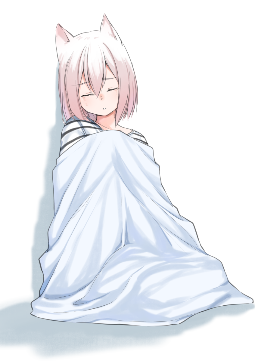 1girl against_wall animal_ears blanket closed_eyes commentary_request facing_viewer highres original parted_lips pink_hair shirt sitting sleeping solo striped striped_shirt suzunari_arare white_background white_shirt yuki_arare