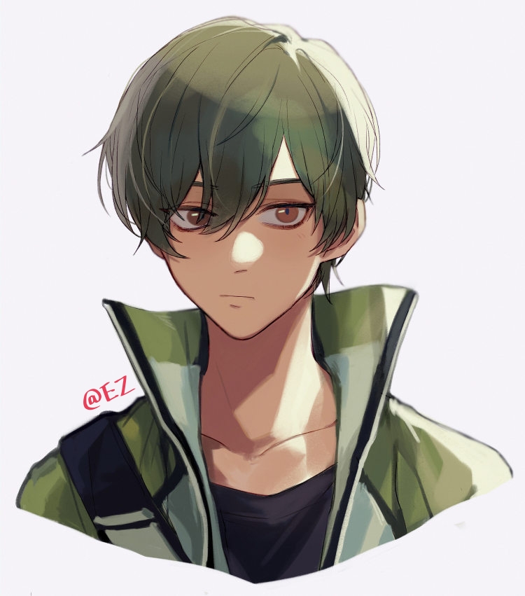 1boy black_shirt brown_eyes closed_mouth ez_1011 free! green_hair green_jacket grey_background high_speed! jacket kirishima_ikuya looking_at_viewer male_focus open_clothes open_jacket shirt simple_background solo twitter_username upper_body