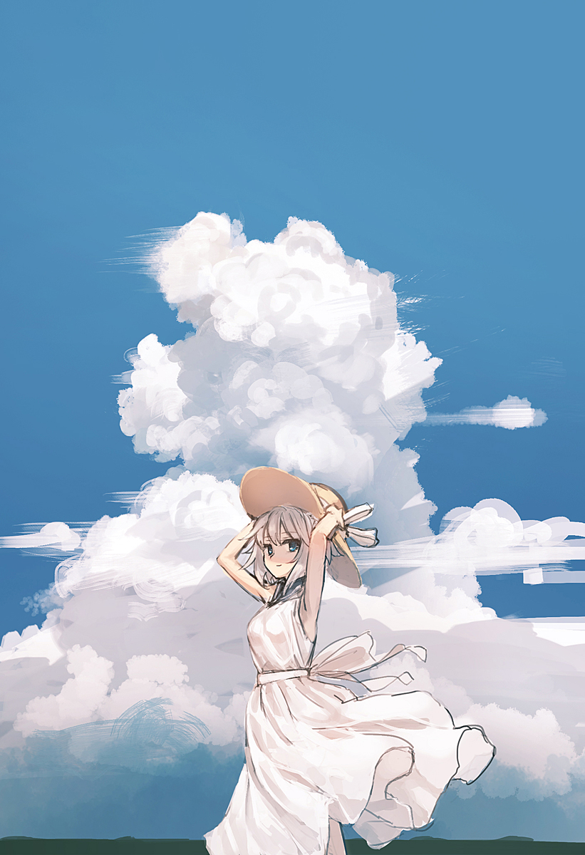 1girl arms_up bare_arms blue_eyes blue_sky breasts brown_hat closed_mouth clouds commentary_request day dress hands_on_headwear hat highres light_smile looking_at_viewer looking_to_the_side original outdoors ryokucha_manma silver_hair sky sleeveless sleeveless_dress small_breasts solo standing sun_hat white_dress