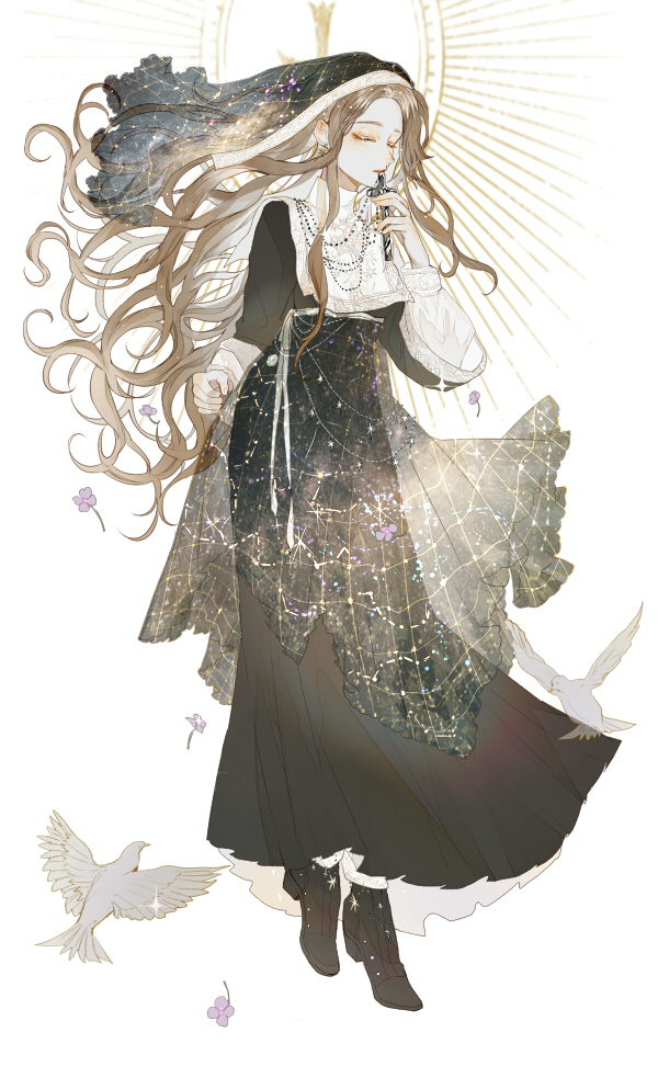 1girl bird black_dress black_footwear closed_eyes cross cross_necklace dove dress fantasy flower full_body hand_up holding_cross jewelry long_hair necklace original see-through simple_background solo starry_sky_print vertigowitch very_long_hair white_background