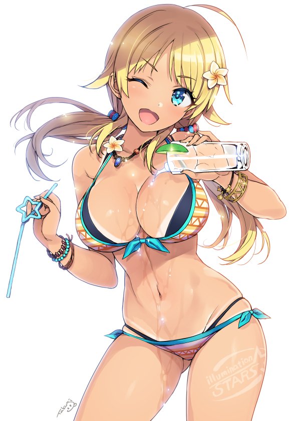 1girl ;d ahoge ass_visible_through_thighs bikini bikini_tan blonde_hair blue_eyes bracelet breasts cleavage contrapposto cowboy_shot flower front-tie_bikini front-tie_top hachimiya_meguru hair_flower hair_ornament head_tilt idolmaster idolmaster_shiny_colors jewelry large_breasts layered_bikini long_hair looking_at_viewer low_twintails navel necklace one_eye_closed ootomo_takuji open_mouth shiny shiny_skin side-tie_bikini simple_background skindentation smile solo swimsuit tan tanline twintails wet white_background