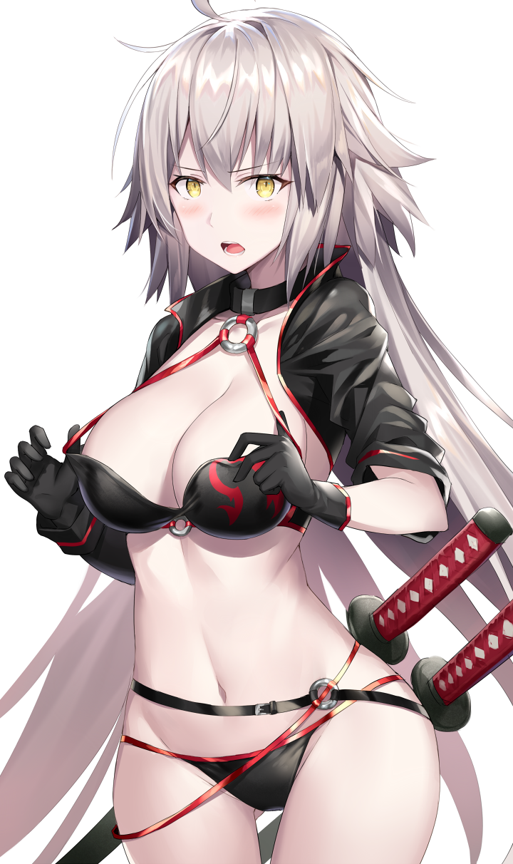 1girl ahoge bangs bikini black_bikini black_jacket blush breasts choker cleavage collarbone cropped_jacket fate/grand_order fate_(series) hair_between_eyes highres hips jacket jeanne_d'arc_(alter_swimsuit_berserker) jeanne_d'arc_(fate)_(all) katana large_breasts long_hair looking_at_viewer navel o-ring open_mouth rin_yuu simple_background solo strap_pull swimsuit sword thighs very_long_hair waist weapon white_background yellow_eyes