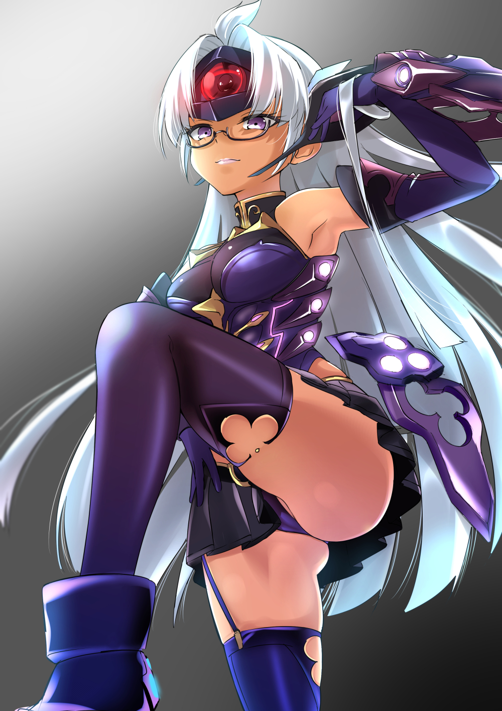 1girl abre_shoulders adjusting_hair android armor armpits ass dark_skin elbow_gloves gloves headpiece highres lips lisptick long_hair miniskirt misu_kasumi pleated_kisrt silver_hair skirt solo t-elos thigh-highs violet_eyes xenoblade_(series) xenoblade_2