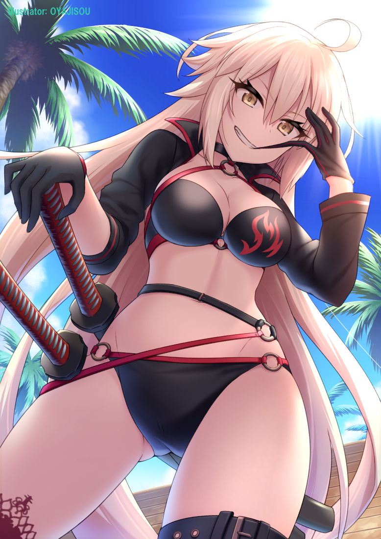 1girl ahoge artist_name backlighting bangs bikini biting black_bikini black_gloves black_jacket blue_sky breasts brown_eyes cleavage clouds commentary_request day eyebrows_visible_through_hair fate/grand_order fate_(series) from_below glove_biting gloves gluteal_fold grin groin hair_between_eyes hand_on_hilt jacket jeanne_d'arc_(alter)_(fate) jeanne_d'arc_(alter_swimsuit_berserker) jeanne_d'arc_(fate)_(all) katana light_brown_hair long_hair long_sleeves looking_at_viewer looking_down medium_breasts o-ring o-ring_bikini o-ring_bottom o-ring_top outdoors oyaji-sou palm_tree red_legwear sidelocks single_thighhigh sky smile solo standing sun swimsuit sword thigh-highs tree very_long_hair weapon