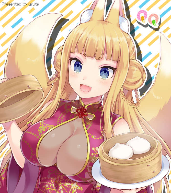 1girl :d animal_ear_fluff artist_name bamboo_steamer bangs baozi bare_shoulders blonde_hair blue_eyes blunt_bangs blush braid breasts china_dress chinese_clothes cleavage cleavage_cutout commentary_request double_bun dress dutch_angle eyebrows_visible_through_hair food holding holding_plate impossible_clothes impossible_dress large_breasts long_hair miyano_ururu multicolored multicolored_background multiple_tails open_mouth original plate print_dress purple_dress see-through shiny shiny_hair sleeveless sleeveless_dress smile solo straight_hair tail two_tails upper_body very_long_hair