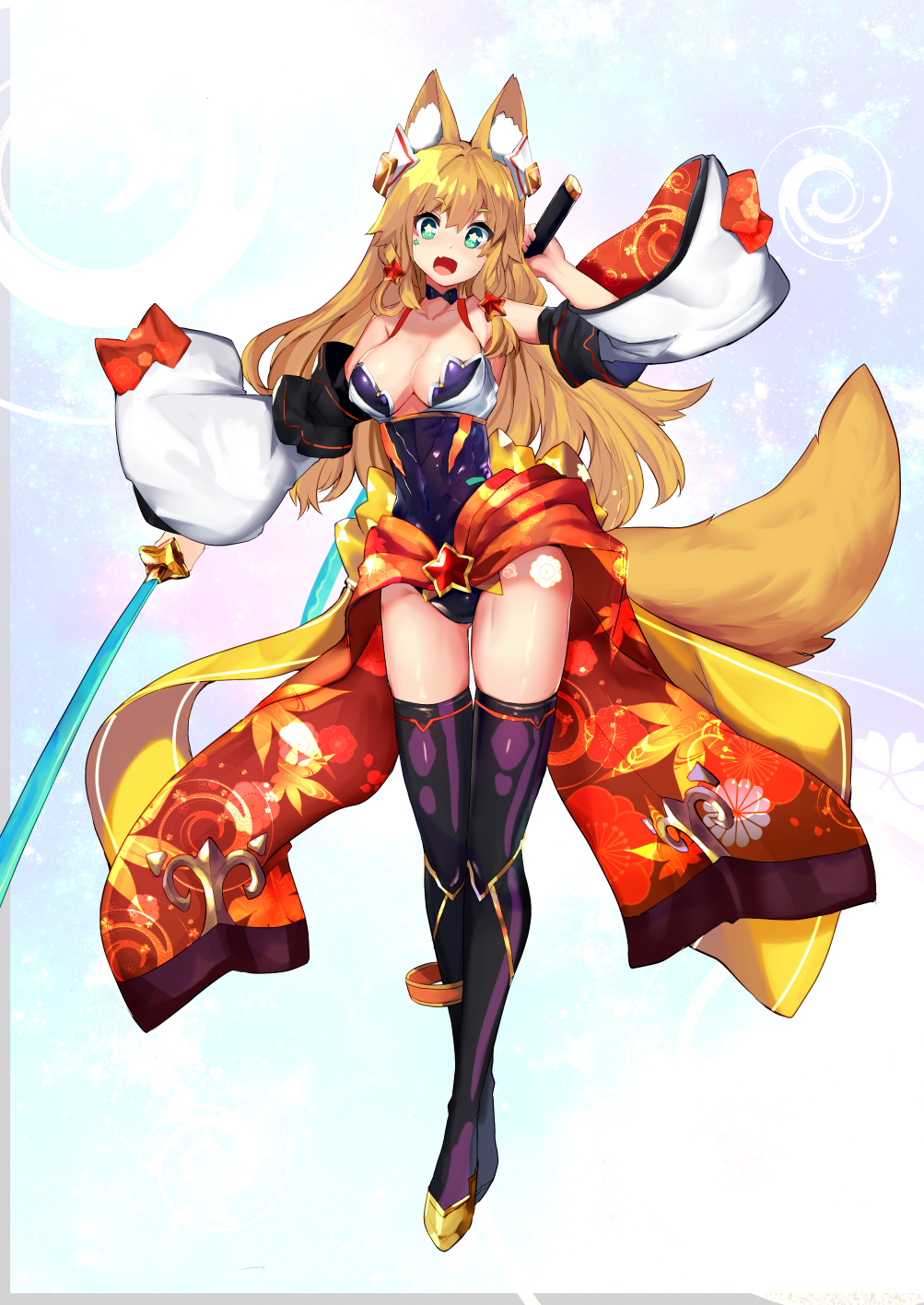 1girl animal_ears aqua_eyes blonde_hair breasts choker cleavage detached_sleeves dual_wielding fang fox_ears fox_tail full_body haik hair_ornament highres holding katana leotard long_hair medium_breasts open_mouth original solo star star-shaped_pupils sword symbol-shaped_pupils tail tattoo thigh-highs weapon white_background wide_sleeves